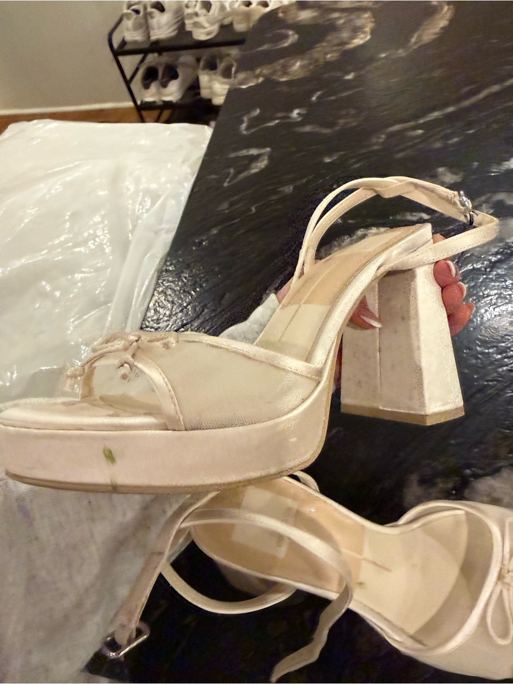 Pandor Cream White Tulle Block Heel Sandals - Picture 3 of 7